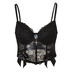 Black lace corset top with blue gemstone and cross pendant, spaghetti straps design