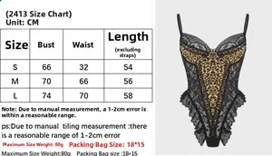Size chart for leopard print lace bodysuit with detailed chest and waist measurements