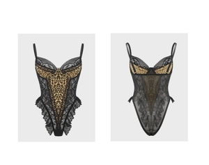 Front and back view of sexy leopard print bodysuit with black lace trim and mesh back