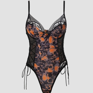 Body Donna Halloween Stampa Teschio Sexy Bordo In Pizzo Rete Allacciato Vestibilità Slim Top Senza Maniche Festa Clubwear