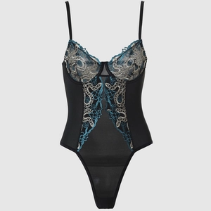 Body Sexy en Dentelle Noire Style Français pour Femme Lingerie en Maille Transparente avec Armatures Teddy Nuit Bretelles Réglables