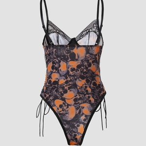 Body sexy con stampa di teschi, bordo in pizzo nero e spalline regolabili