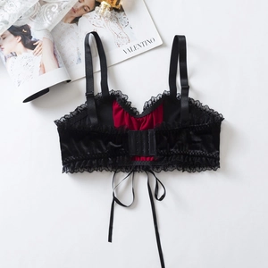 Corset rétro en velours noir avec doublure rouge et dentelle pour Halloween
