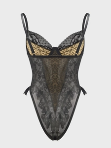 Detailed view of sexy lace bodysuit featuring leopard print accents and black mesh fabric