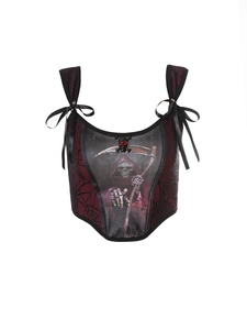 Detailed view of Gothic corset featuring red base fabric with black floral lace overlay