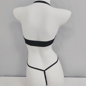 Sexy black halter bikini set for women featuring thin straps and back view on mannequin