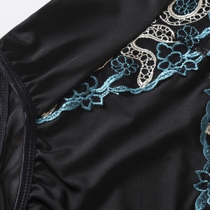 French style black lace bodysuit with blue floral embroidery and sexy mesh detailing