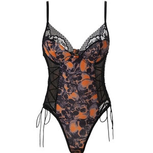 Body sexy per Halloween con stampa di scheletri, pizzo e lacci laterali in mesh