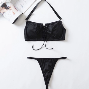 Sexy black lace-up halter bikini set with satin finish for nightclub dance performances