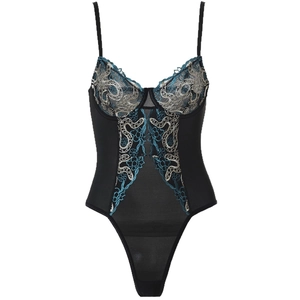 Body sexy en dentelle noire avec broderie florale bleu paon et fines bretelles