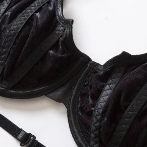 Gothic black lace underwire bra with intricate strappy details and sheer mesh panels