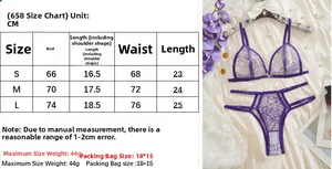 Detailed size chart for Halloween purple lace lingerie set including S, M, and L dimensions
