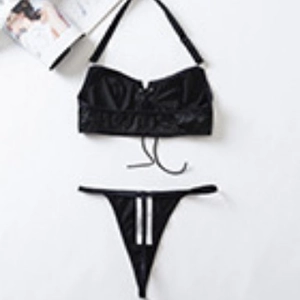 Two-piece black sexy bikini set with halter neck and drawstring detail on white background