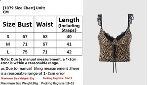 Detailed size chart for Y2K velvet leopard lace camisole showing measurements in CM