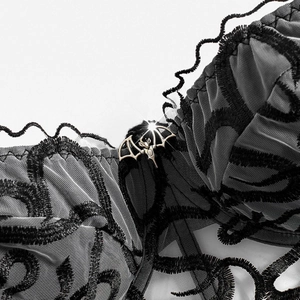 Gothic black mesh bustier top with dark snake embroidery and golden bat buckle detail