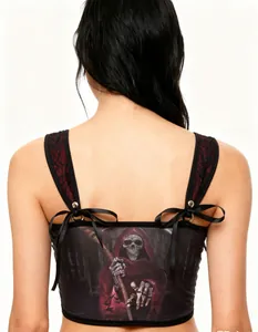 Gothic black camisole back view featuring red reaper skull print and lace straps