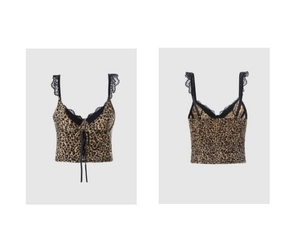 Detail of Y2K leopard print camisole with black lace trim and front lace-up design