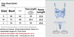 Detailed size chart and dimensions for the three-piece blue satin maid uniform set