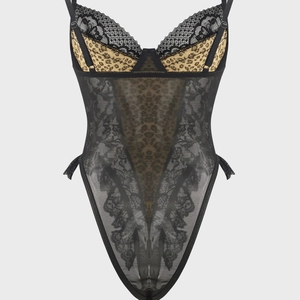 Sexy black lace and leopard print bodysuit with deep V-neck and thin adjustable straps