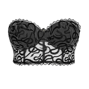 Gothic black mesh bustier top with dark snake embroidery and silver bat pendant accessory