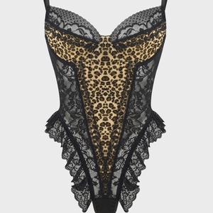 Sexy leopard print bodysuit with black lace panels and adjustable shoulder straps