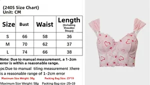 Lace heart print bustier size chart with S M L measurements in cm and weight details