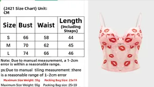Detailed size chart for the red lip print lace corset top with adjustable straps