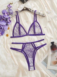 Close-up of purple lace lingerie set with triangle bra and high waist panties on silk