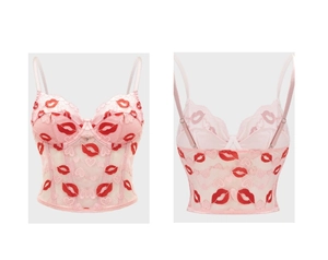 Detailed front and back view of pink lace corset top with red lip and heart patterns