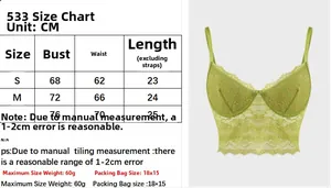 Detailed size chart for green lace camisole top with chest, waist, and length measurements