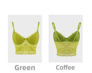 Detailed front and back view of green floral lace camisole with eyelash lace and underwire