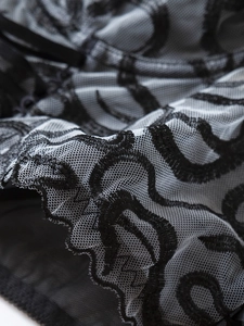 Détail macro de broderie serpent gothique sur tissu en dentelle résille noire