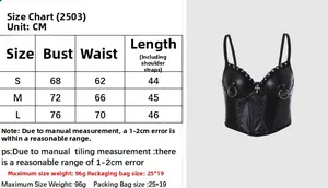 Size chart for black faux leather punk corset featuring cross studs and metallic rings
