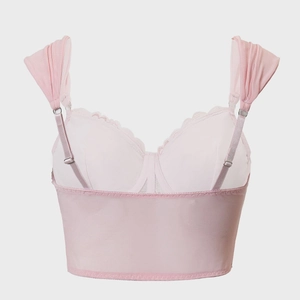 Pink lace bustier top with heart print mesh and adjustable wide straps for women