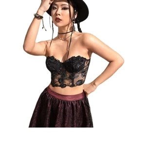 Gothic black mesh corset top with 3D floral rose embroidery and boning structure