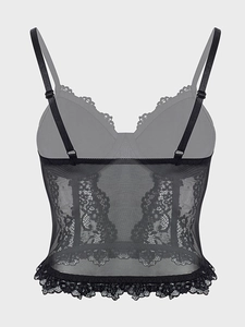 Rear view of black lace bustier top with adjustable straps and sheer mesh fabric