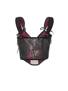 Detail of gothic grim reaper print tank top with metal eyelets and red mesh lining decor