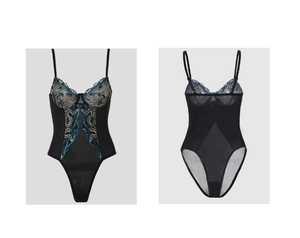 Detail of black mesh bodysuit with blue and gold embroidery and underwire cups