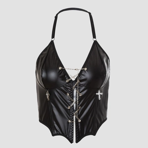 Top a corsetto halter punk Y2K nero con catene in metallo argento e pendenti a croce