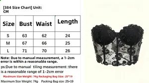 Size chart for black mesh lace corset top showing detailed bust and waist measurements