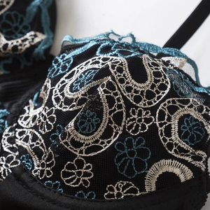 French style black bodysuit with blue paisley embroidery and delicate eyelash lace details