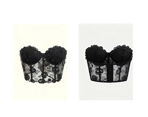 Detail view showing black sheer mesh corset with rose embroidery and back hook closure