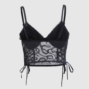 Top caraco en dentelle noire avec broderie transparente et détails de laçage latéraux