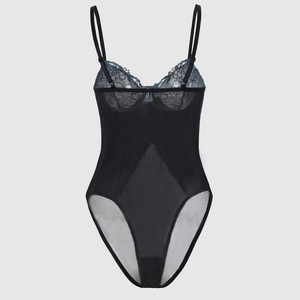 French style black mesh bodysuit with intricate lace embroidery and thin straps