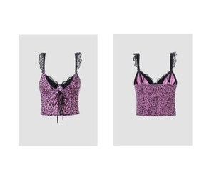 Detailed front and back views of pink leopard corset top with lace trim and lacing