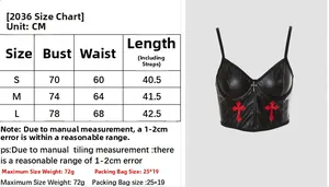Size chart for black PU leather corset top with red cross embroidery and front zipper