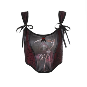 Gothic Grim Reaper Print Camisole Tank Top Halloween Dark Red Spider Web Mesh Corset Top Sexy Slim Fit Bow Ribbon Vest
