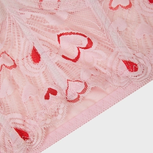 Pink lace corset top with red heart embroidery and floral mesh detailing for women