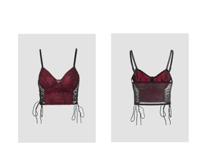 Front and back detail of gothic red and black spiderweb lace camisole with bat pendant