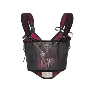 Gothic black camisole featuring grim reaper print and red ribbon bow shoulder straps